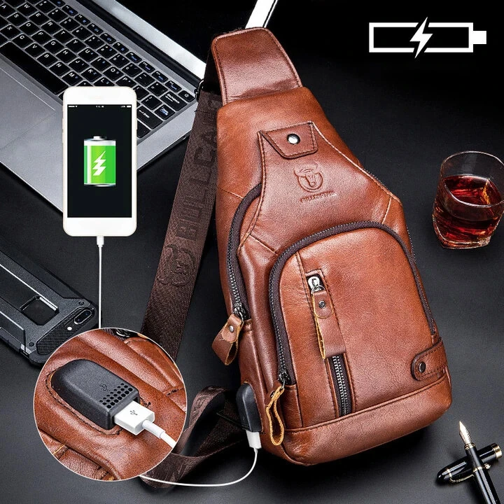 BULLCAPTAIN Mens Genuine Leather USB Charging Large Capacity Business Casual Chest Bag Shoulder Crossbody Bag (image for) BULLCAPTAIN Mens Genuine Leather USB Charging Large Capacity Business Casual Chest Bag Shoulder Crossbody Bag